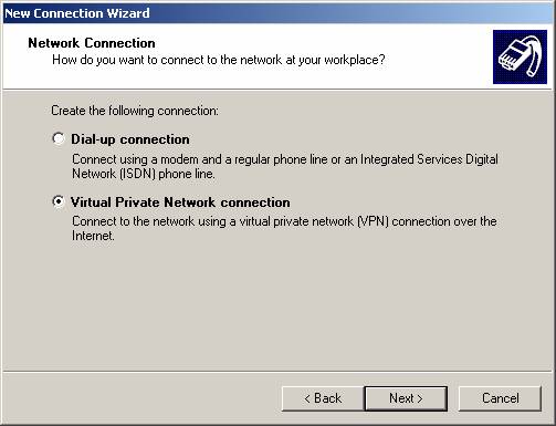 Click Connect to the network at my workplace, and then click Next.